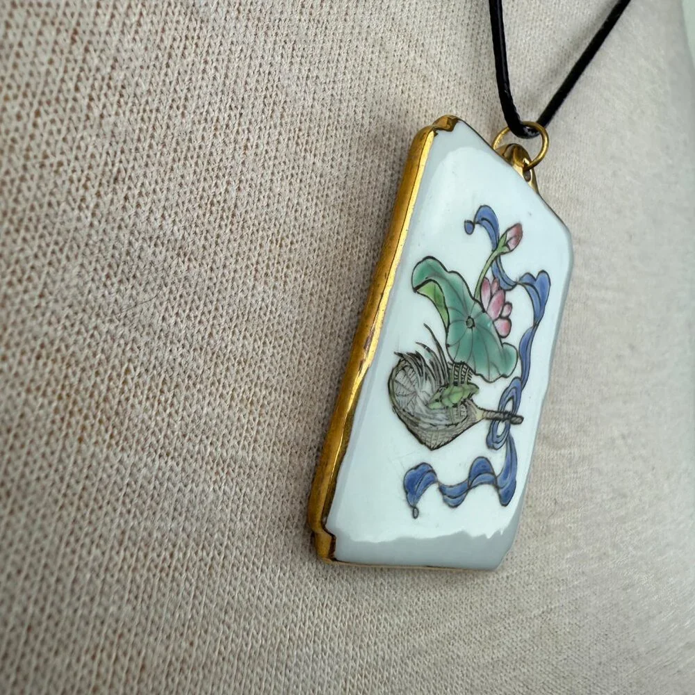 Vintage Chinese Hand Painted Porcelain Lotus Pendant on NEW Black Cord 22.5